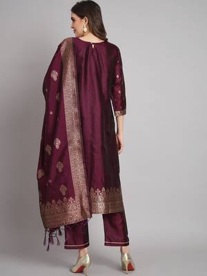 Purple embroidered cotton silk jacquard salwar suit 2