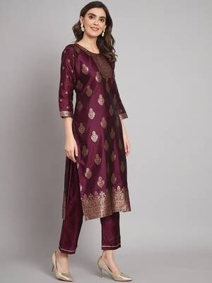 Purple embroidered cotton silk jacquard salwar suit 3