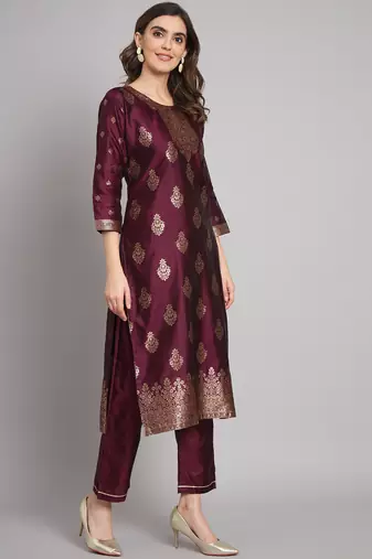 Purple embroidered cotton silk jacquard salwar suit