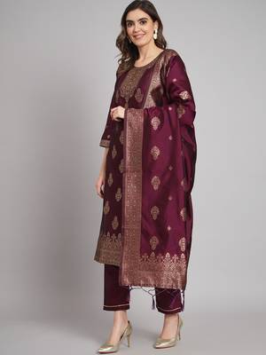 Purple embroidered cotton silk jacquard salwar suit 4
