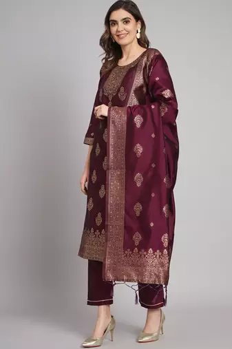 Purple embroidered cotton silk jacquard salwar suit