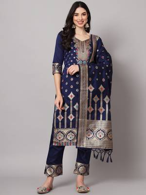 Blue embroidered cotton silk jacquard salwar suit 1