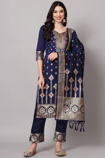 Blue embroidered cotton silk jacquard salwar suit