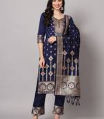 Blue embroidered cotton silk jacquard salwar suit