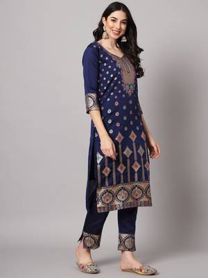 Blue embroidered cotton silk jacquard salwar suit 2