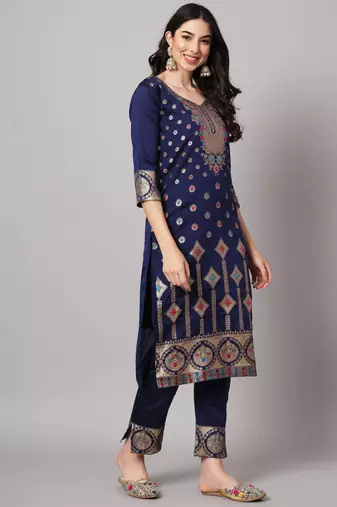 Blue embroidered cotton silk jacquard salwar suit