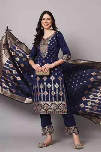 Blue embroidered cotton silk jacquard salwar suit
