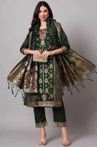 Green embroidered cotton silk jacquard salwar suit