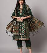 Green embroidered cotton silk jacquard salwar suit
