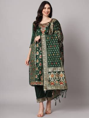 Green embroidered cotton silk jacquard salwar suit 2