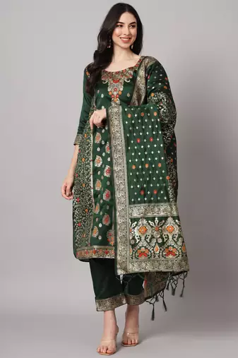 Green embroidered cotton silk jacquard salwar suit