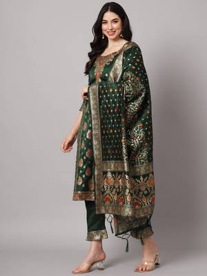 Green embroidered cotton silk jacquard salwar suit 3