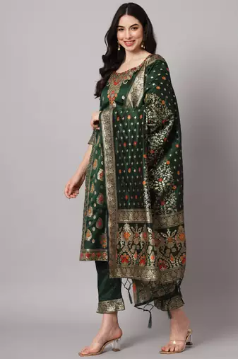 Green embroidered cotton silk jacquard salwar suit