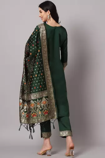 Green embroidered cotton silk jacquard salwar suit