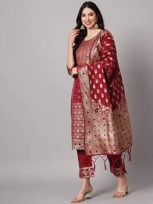 Maroon embroidered cotton silk jacquard salwar suit 1