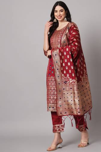 Maroon embroidered cotton silk jacquard salwar suit