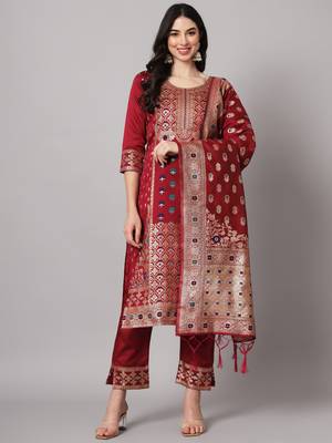 Maroon embroidered cotton silk jacquard salwar suit 2
