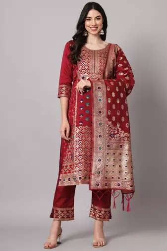 Maroon embroidered cotton silk jacquard salwar suit