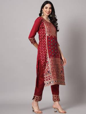 Maroon embroidered cotton silk jacquard salwar suit 4