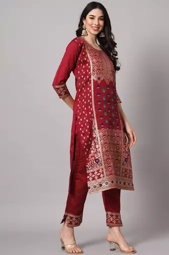 Maroon embroidered cotton silk jacquard salwar suit