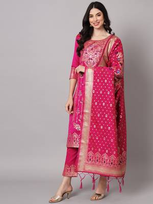 Pink embroidered cotton silk jacquard salwar suit 1