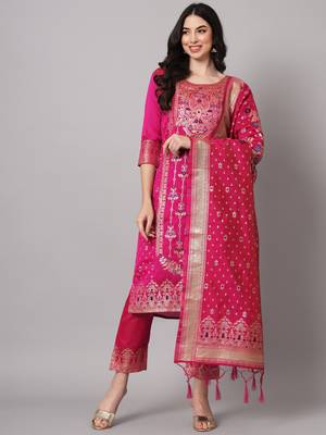 Pink embroidered cotton silk jacquard salwar suit 2