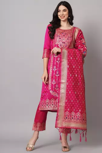 Pink embroidered cotton silk jacquard salwar suit