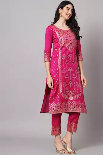 Pink embroidered cotton silk jacquard salwar suit