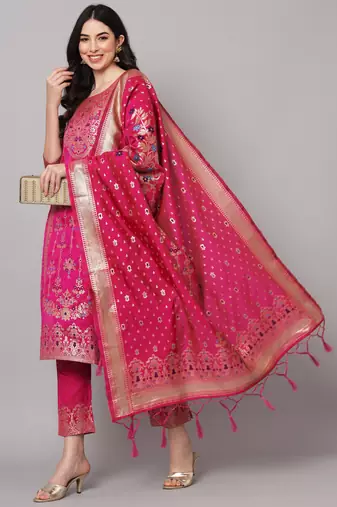 Pink embroidered cotton silk jacquard salwar suit