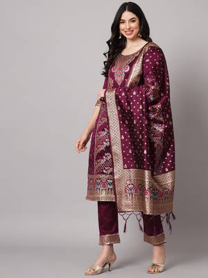 Purple embroidered cotton silk jacquard salwar suit 1