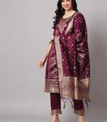 Purple embroidered cotton silk jacquard salwar suit