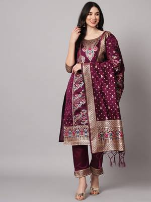 Purple embroidered cotton silk jacquard salwar suit 2