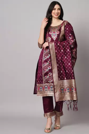 Purple embroidered cotton silk jacquard salwar suit