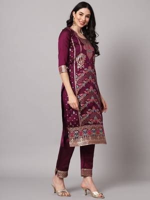 Purple embroidered cotton silk jacquard salwar suit 3