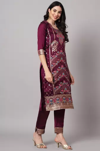 Purple embroidered cotton silk jacquard salwar suit