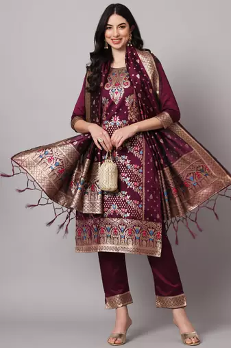 Purple embroidered cotton silk jacquard salwar suit