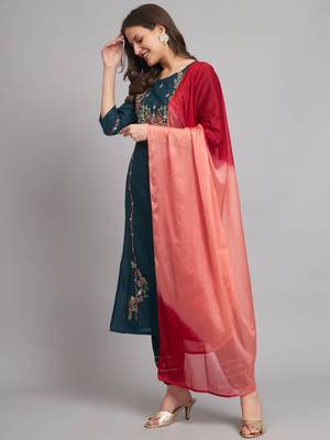 Teal embroidered cotton blend salwar suit 1