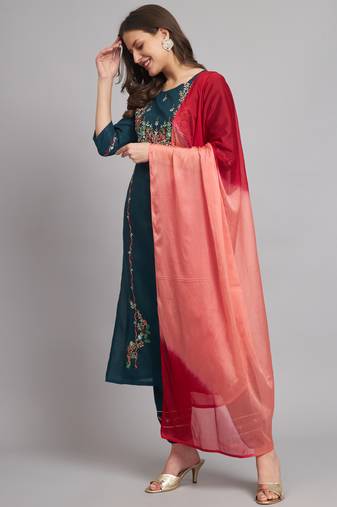 Teal embroidered cotton blend salwar suit