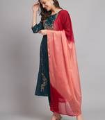 Teal embroidered cotton blend salwar suit