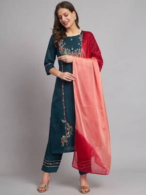 Teal embroidered cotton blend salwar suit 2