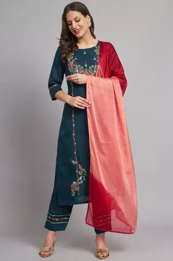 Teal embroidered cotton blend salwar suit