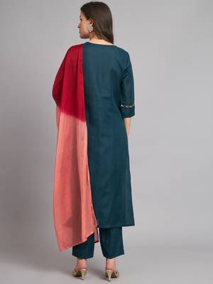 Teal embroidered cotton blend salwar suit 3