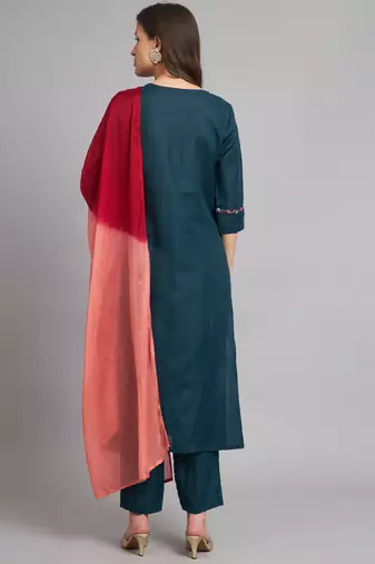 Teal embroidered cotton blend salwar suit