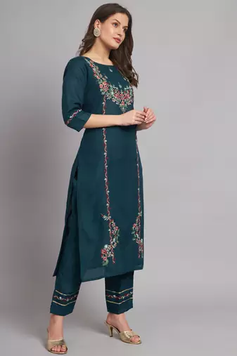 Teal embroidered cotton blend salwar suit