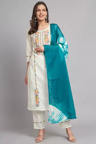 White embroidered cotton blend salwar suit