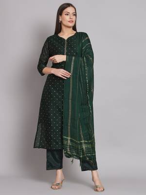 Green embroidered chanderi modal butti salwar suit 1