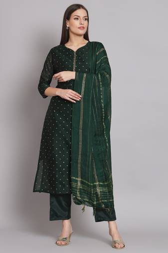 Green embroidered chanderi modal butti salwar suit