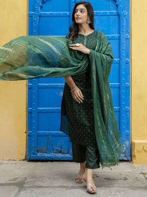 Green embroidered chanderi modal butti salwar suit 1