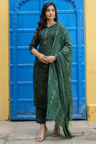 Green embroidered chanderi modal butti salwar suit