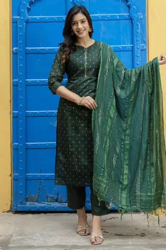 Green embroidered chanderi modal butti salwar suit